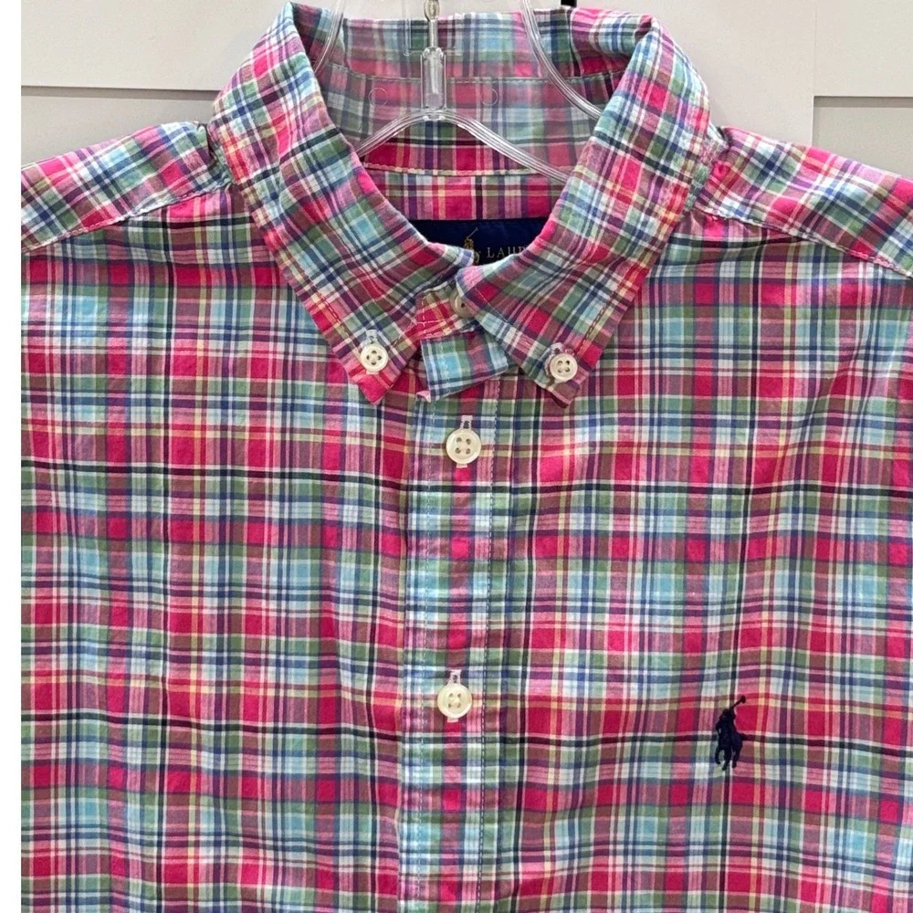 Ralph Lauren Button Down Kids Large (14-16) Pink Plaid Stretch Preppy Pony Logo